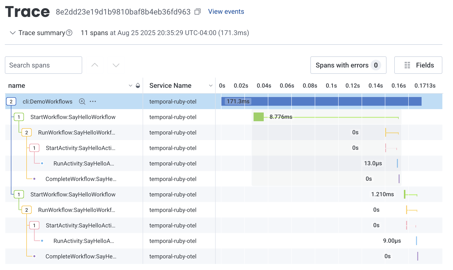 Temporal Ruby + OpenTelemetry screenshot