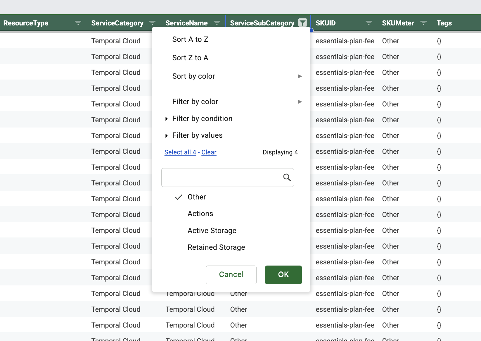Spreadsheet screenshot showing Temporal Cloud billing rows filtered by charge description.
