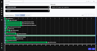 Workflow event history timeline showing multiple green horizontal bars representing different workflow stages and activities.