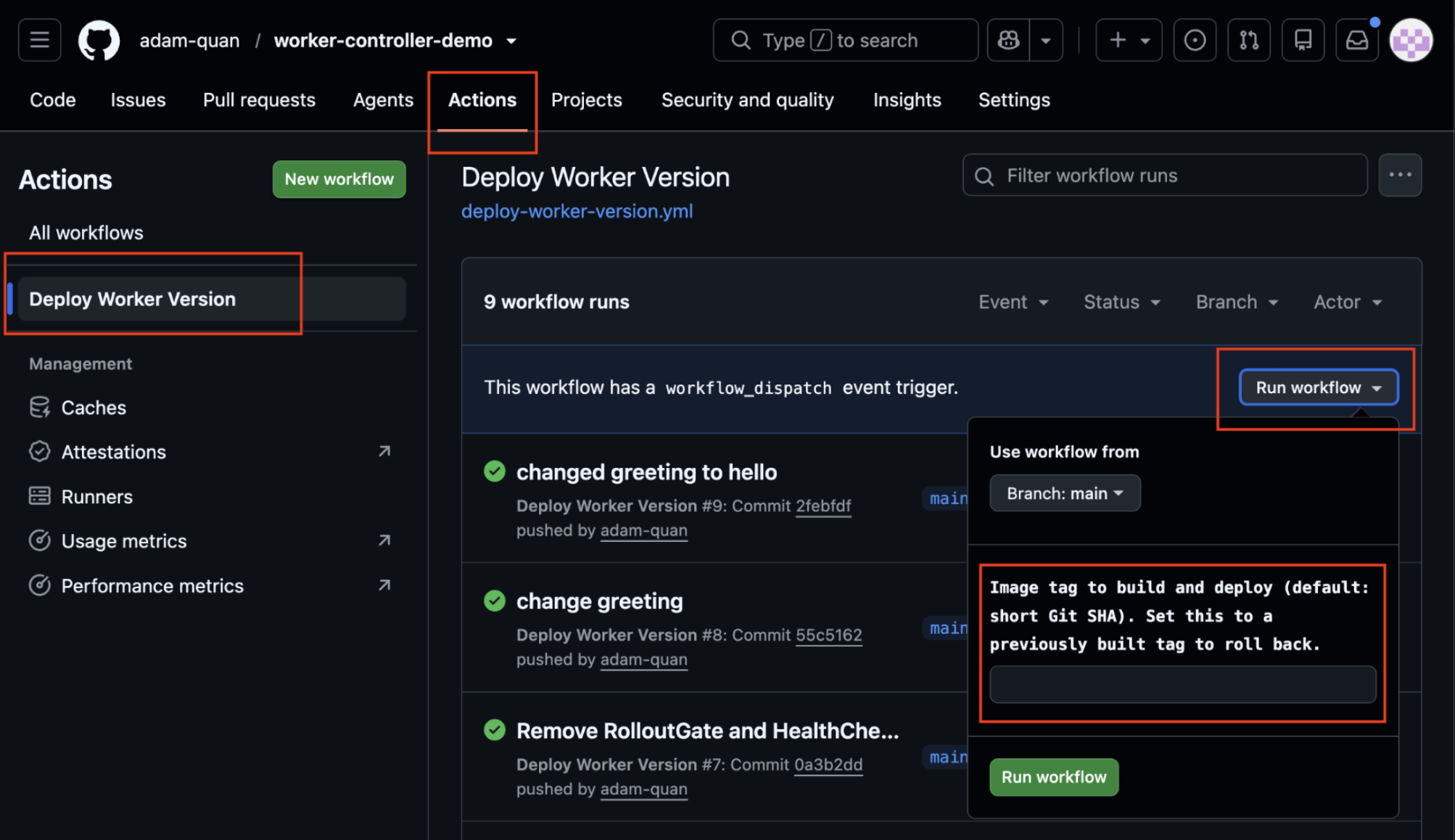 UI of GitHub actions window