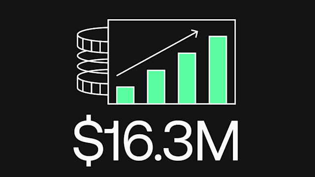 Stacked coins and ascending green bar chart with upward arrow above text displaying $16.3M on black background