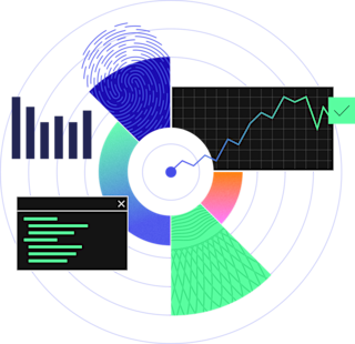 Data visualization dashboard with colorful pie chart, bar graphs, line charts, and code window on white background.