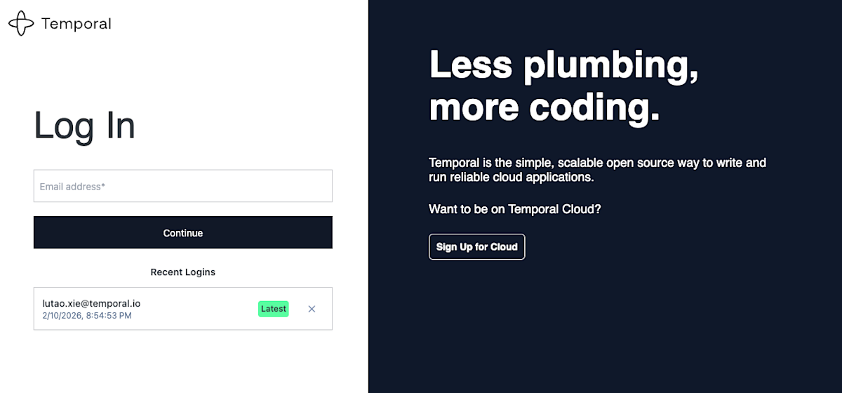 Cloud login via a single email entry | Temporal