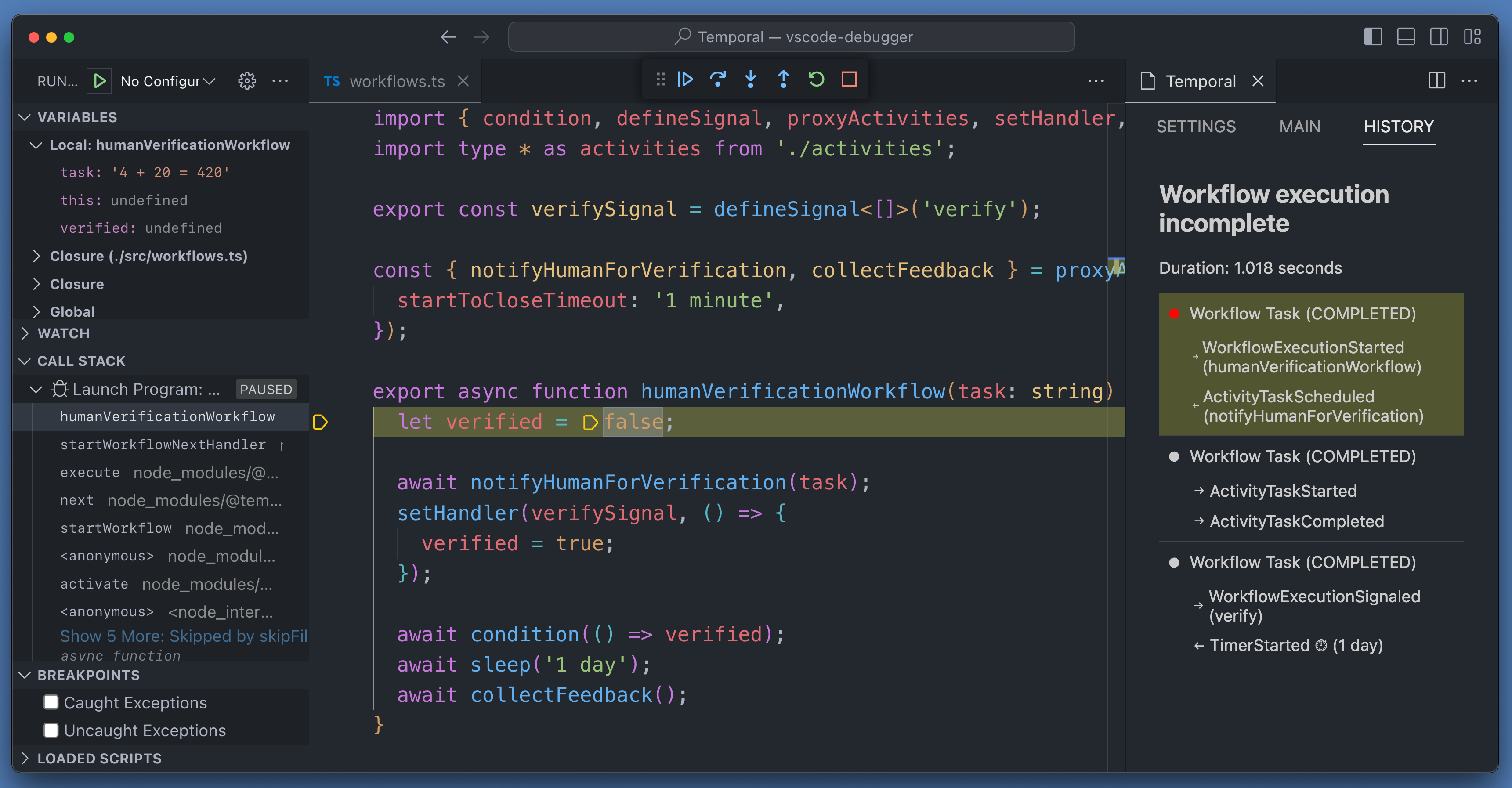 Debug session paused on the first line of the Workflow function