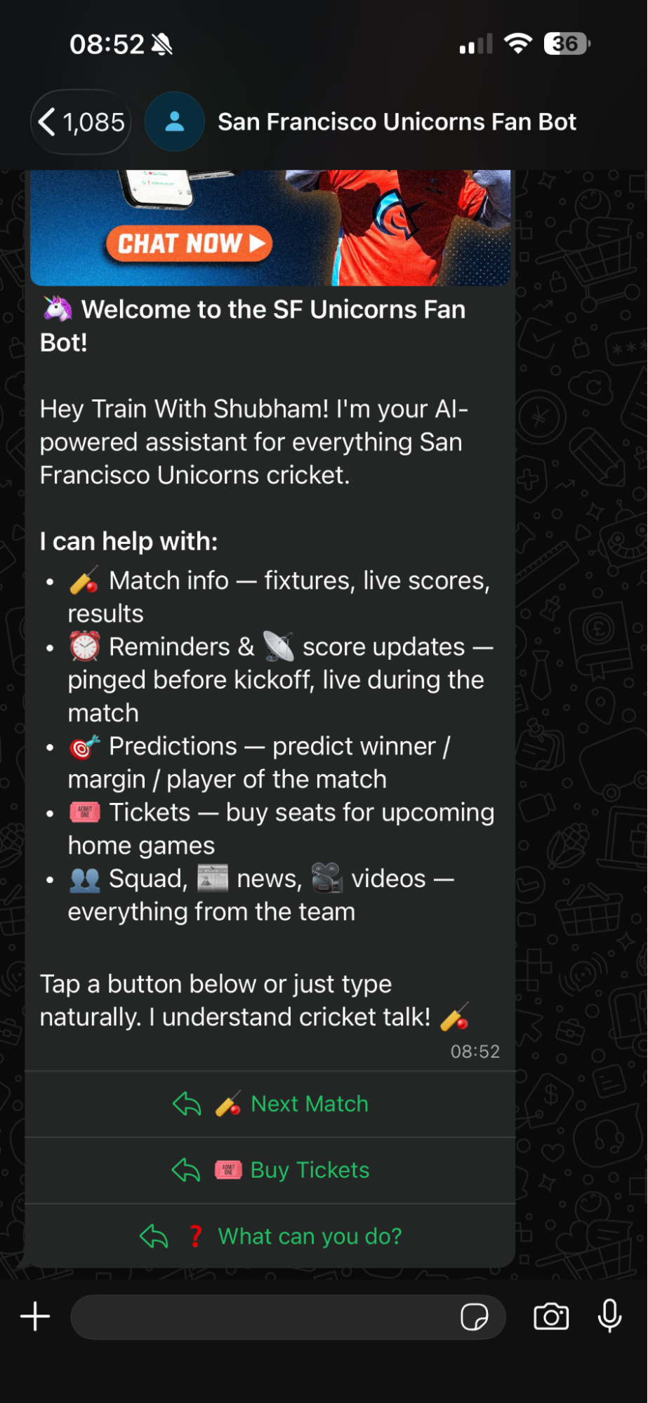 WhatsApp welcome card for the San Francisco Unicorns Fan Bot