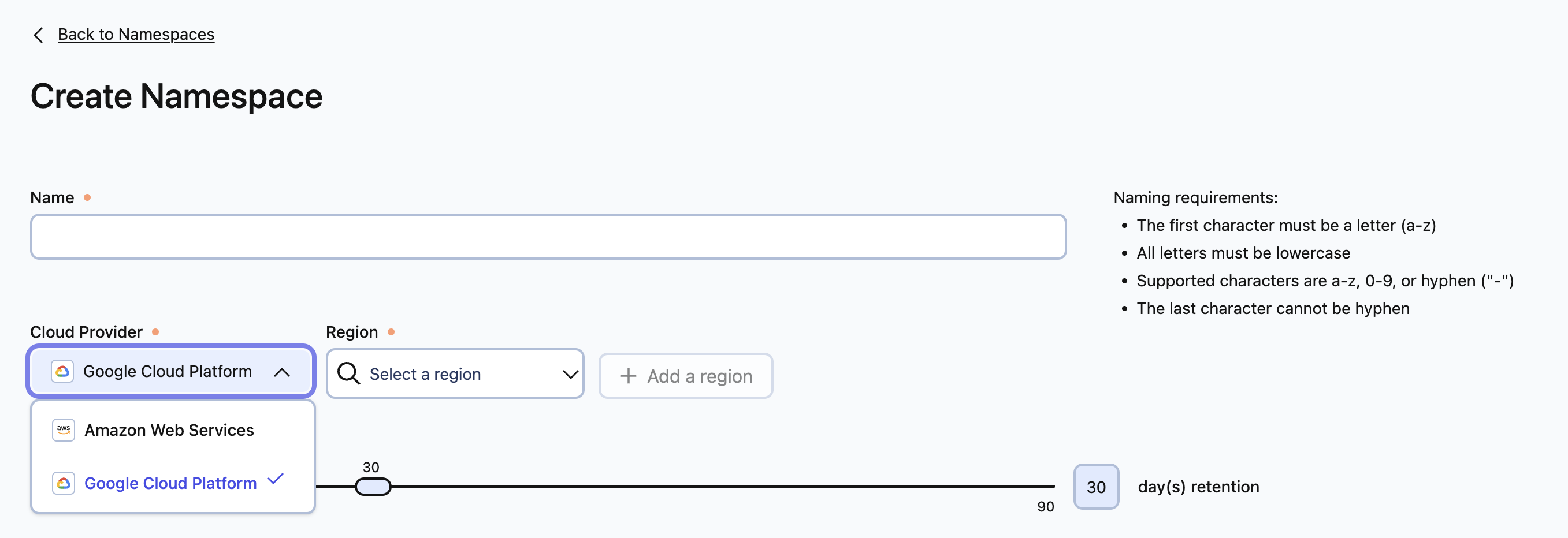 Create namespace