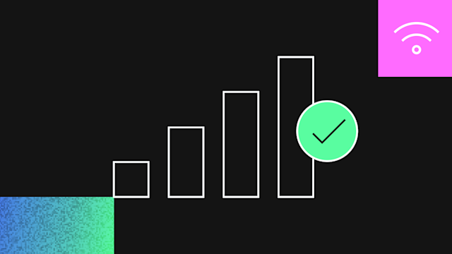 Rising bar chart with green checkmark and WiFi icon indicating successful wireless connectivity or data growth
