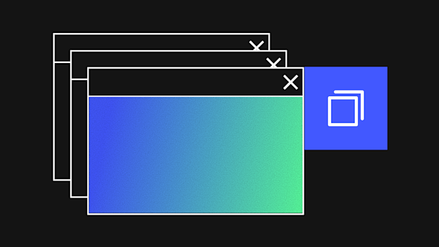 Multiple browser windows stacked with close buttons, front window shows blue-green gradient, blue icon shows overlapping windows