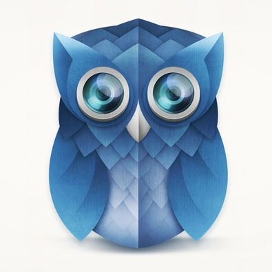 Geometric blue owl figure with large round eyes and layered feather-like shapes in varying shades of blue.