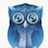 Geometric blue owl figure with large round eyes and layered feather-like shapes in varying shades of blue.