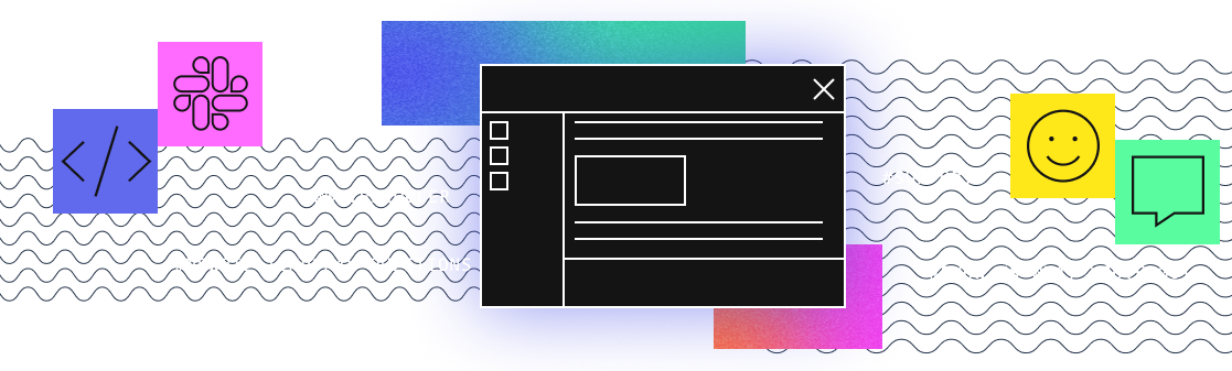 Black wireframe website mockup with colorful app icons including code brackets, Slack logo, smiley face, and chat bubble.