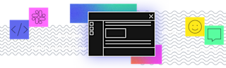 Black wireframe website mockup with colorful app icons including code brackets, Slack logo, smiley face, and chat bubble.