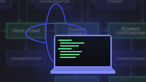 Purple laptop displaying green code lines on dark screen with blue atomic orbit symbol in background on starry backdrop.