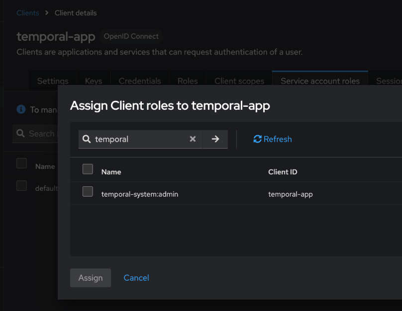Assign Client roles to temporal-app
