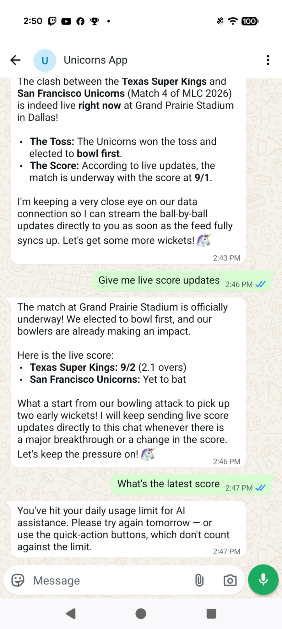 WhatsApp chat showing live scores and a daily usage-limit notice
