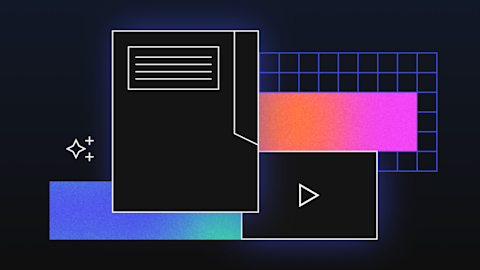 Abstract illustration showing digital content elements including a document, video player, grid layout, and gradient colors.