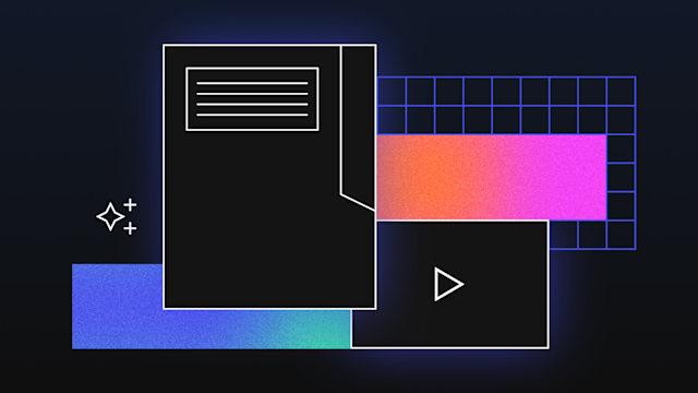 Abstract illustration showing digital content elements including a document, video player, grid layout, and gradient colors.
