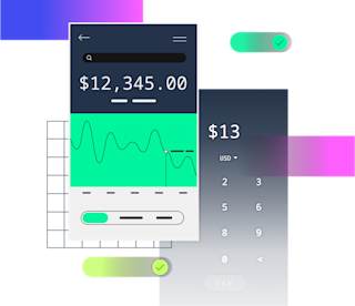Mobile banking app interface showing financial data with line graph, dollar amounts, toggle switches, and numeric keypad.