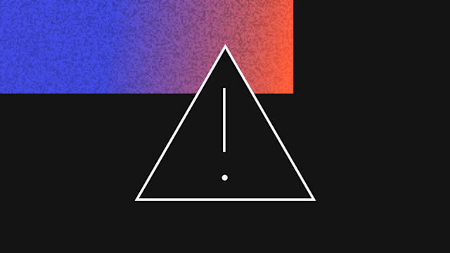White outlined triangle with exclamation mark on black background, gradient blue to orange rectangle in upper left corner.
