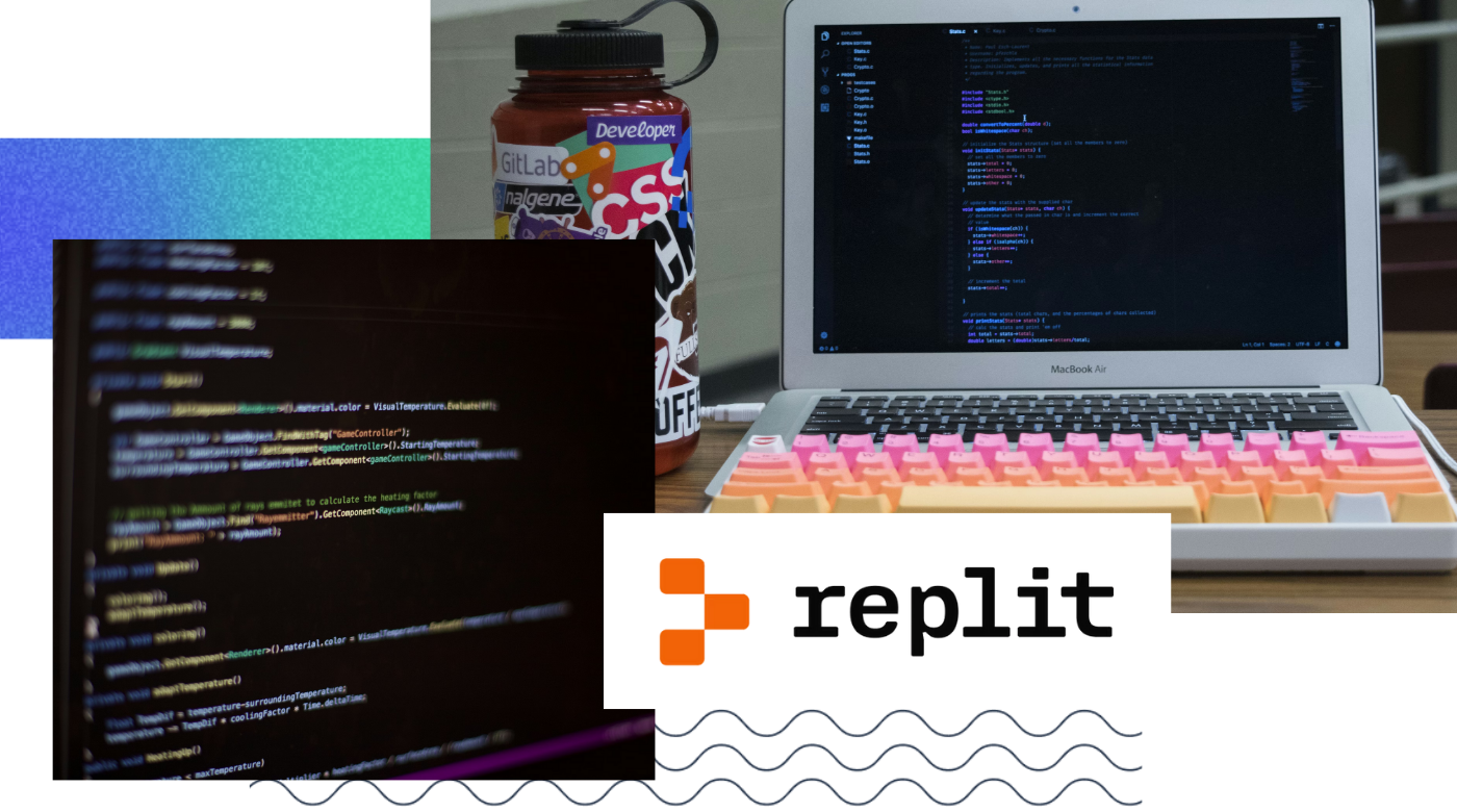Developer workspace with MacBook Air showing code, colorful keyboard, water bottle with tech stickers, and Replit logo.