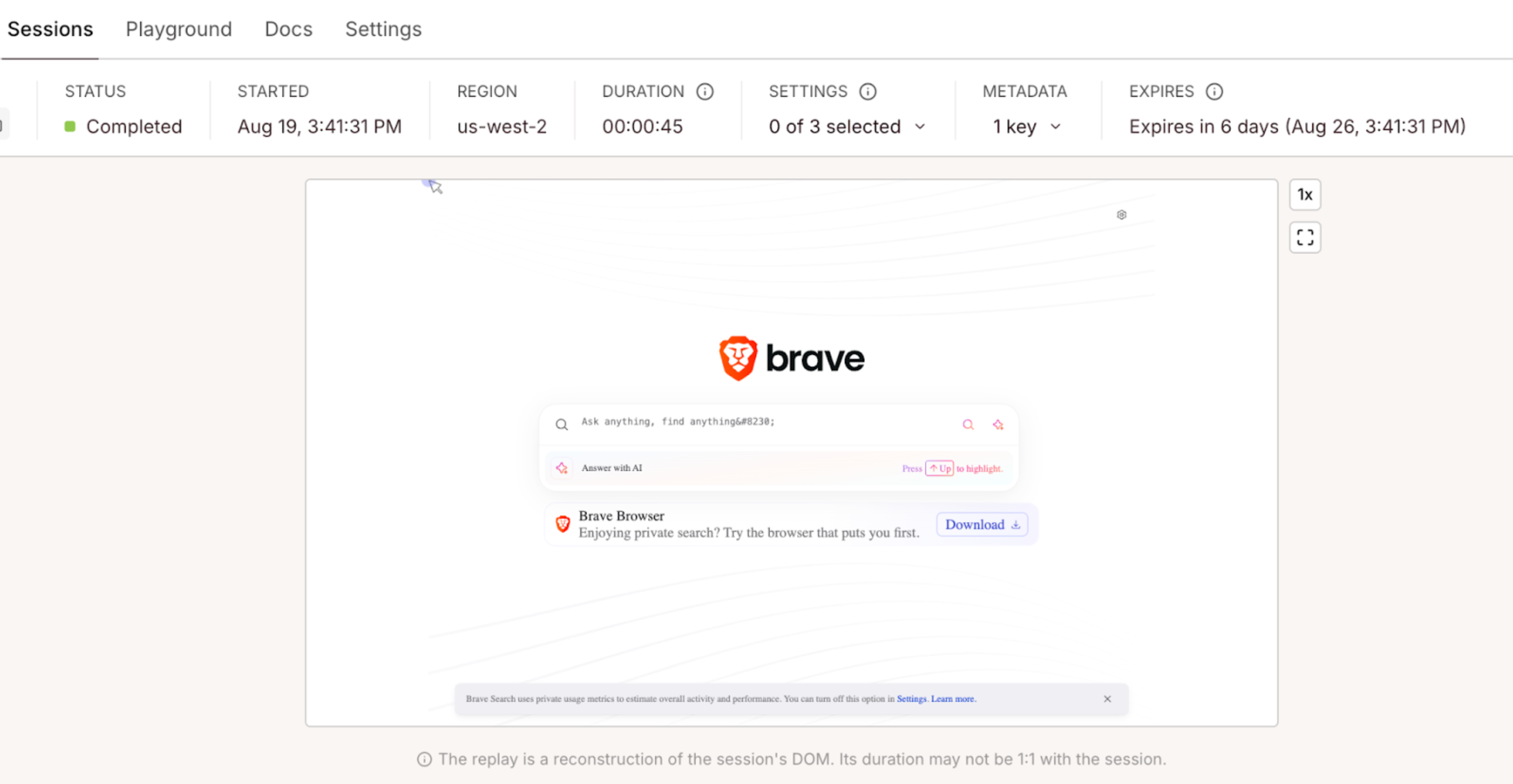 Browserbase UI navigating to the Brave Search page
