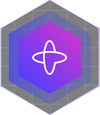 Layered hexagonal icon with gradient from magenta to blue, featuring white star-like symbol in center on gray background.