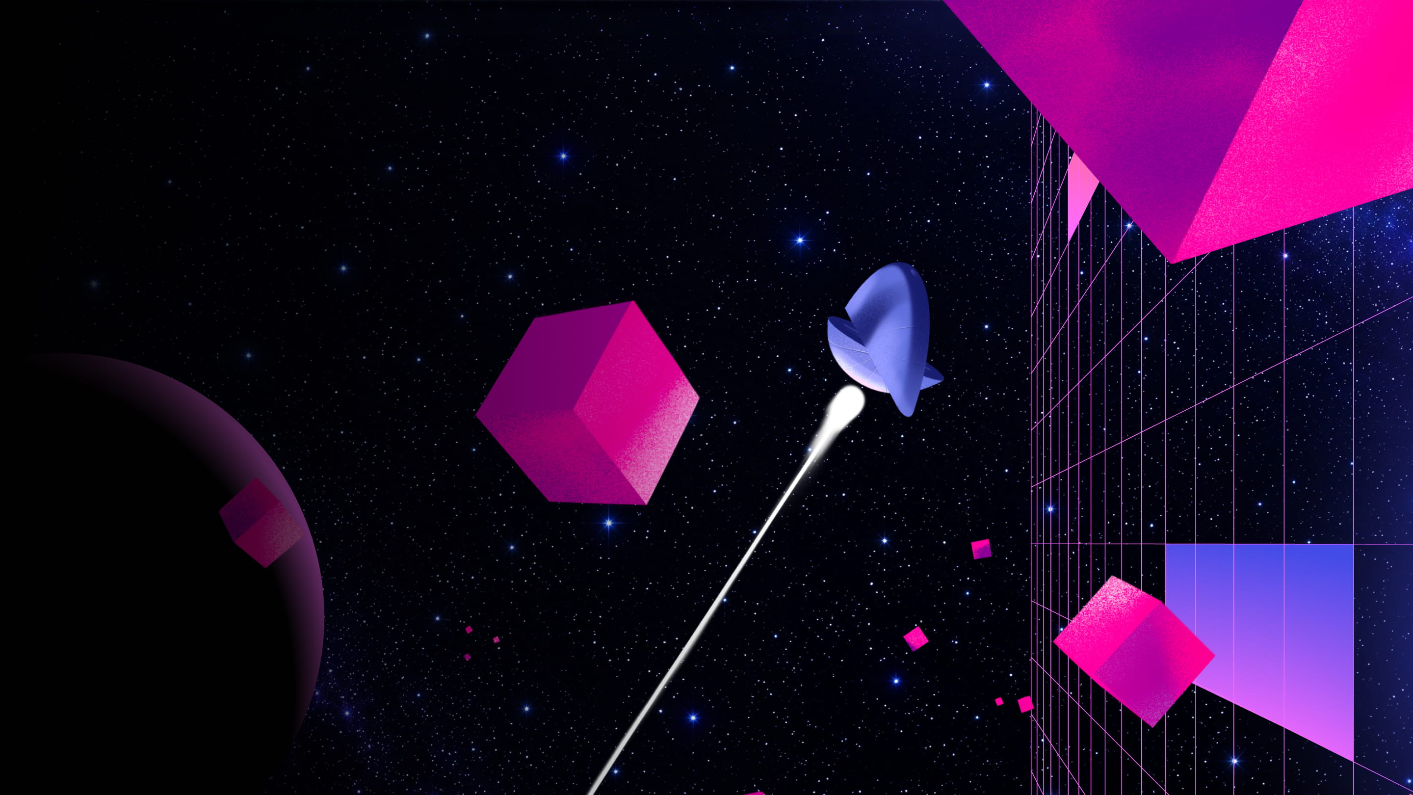 Abstract graphic of a spaceship flying through space