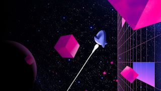 Abstract graphic of a spaceship flying through space