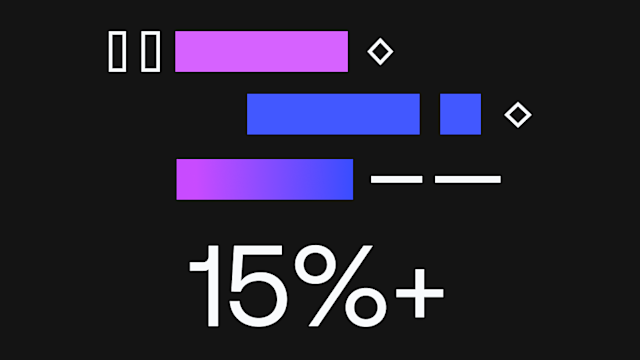 Abstract geometric design with colorful gradient bars in pink and blue on black background with text reading 15%+