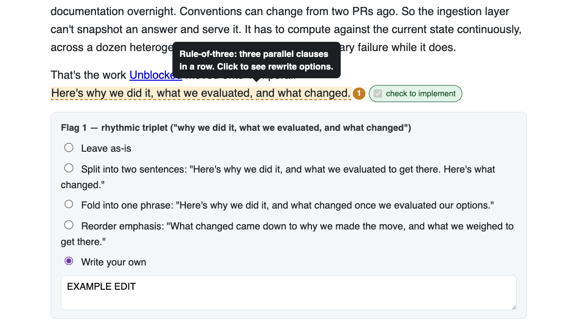 Figure 6: The assistant points out the rule of three, and lets the writer decide whether the original content stays in the draft.