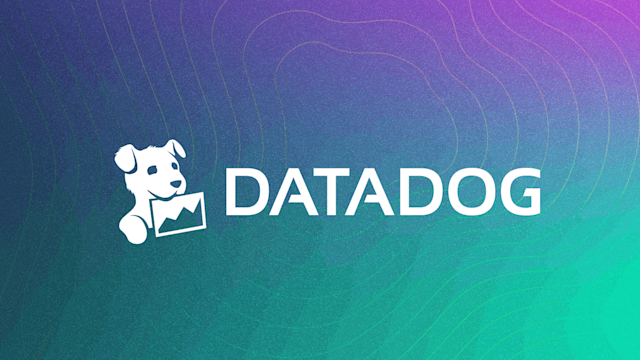 Datadog logo with white dog mascot holding an envelope on gradient background of purple, blue, and teal with contour lines