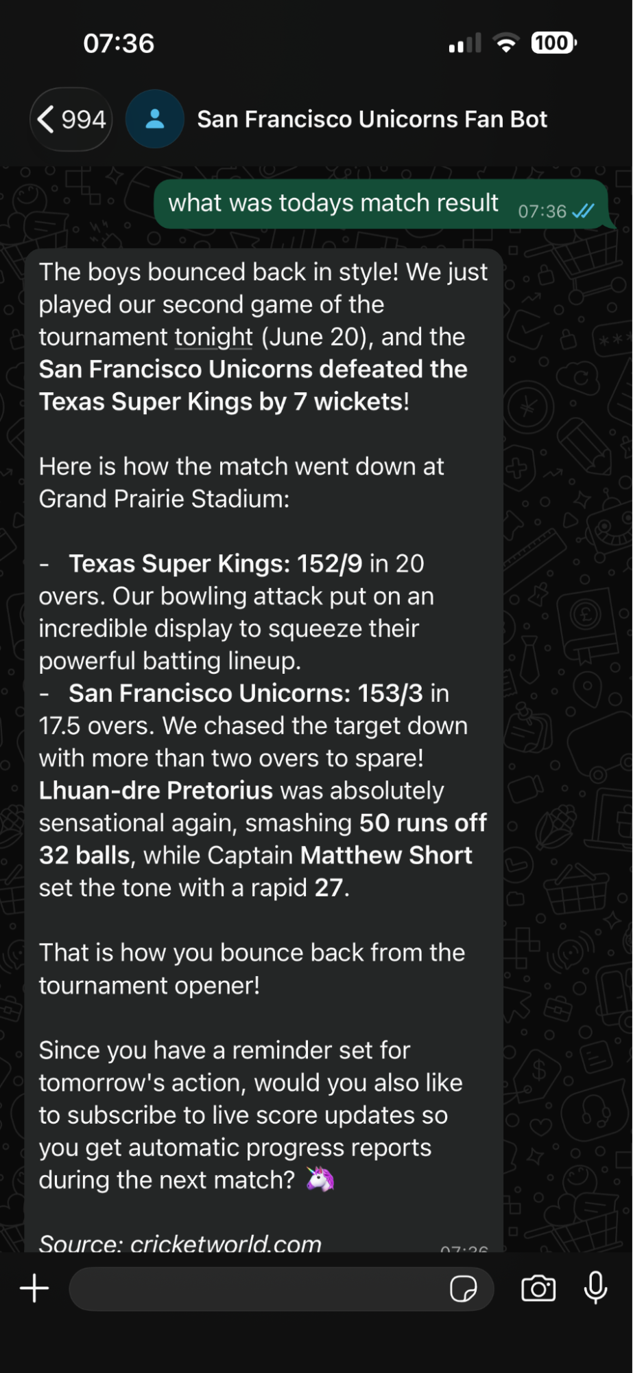 WhatsApp chat showing the bot answering a fan’s question about a match result