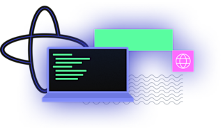 Blue laptop with green code on screen surrounded by abstract shapes including globe icon and wavy pattern elements