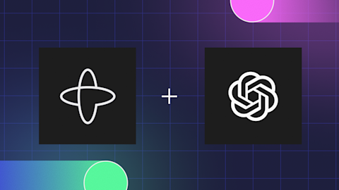Two white logo icons on black squares connected by a plus sign, displayed on a purple and blue gradient grid background.