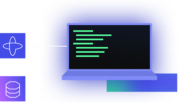 Purple laptop displaying green code lines on black screen with network and database icons on left side