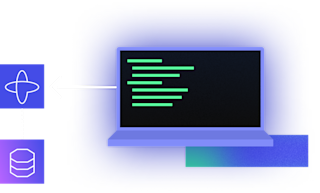Purple laptop displaying green code lines on black screen with network and database icons on left side