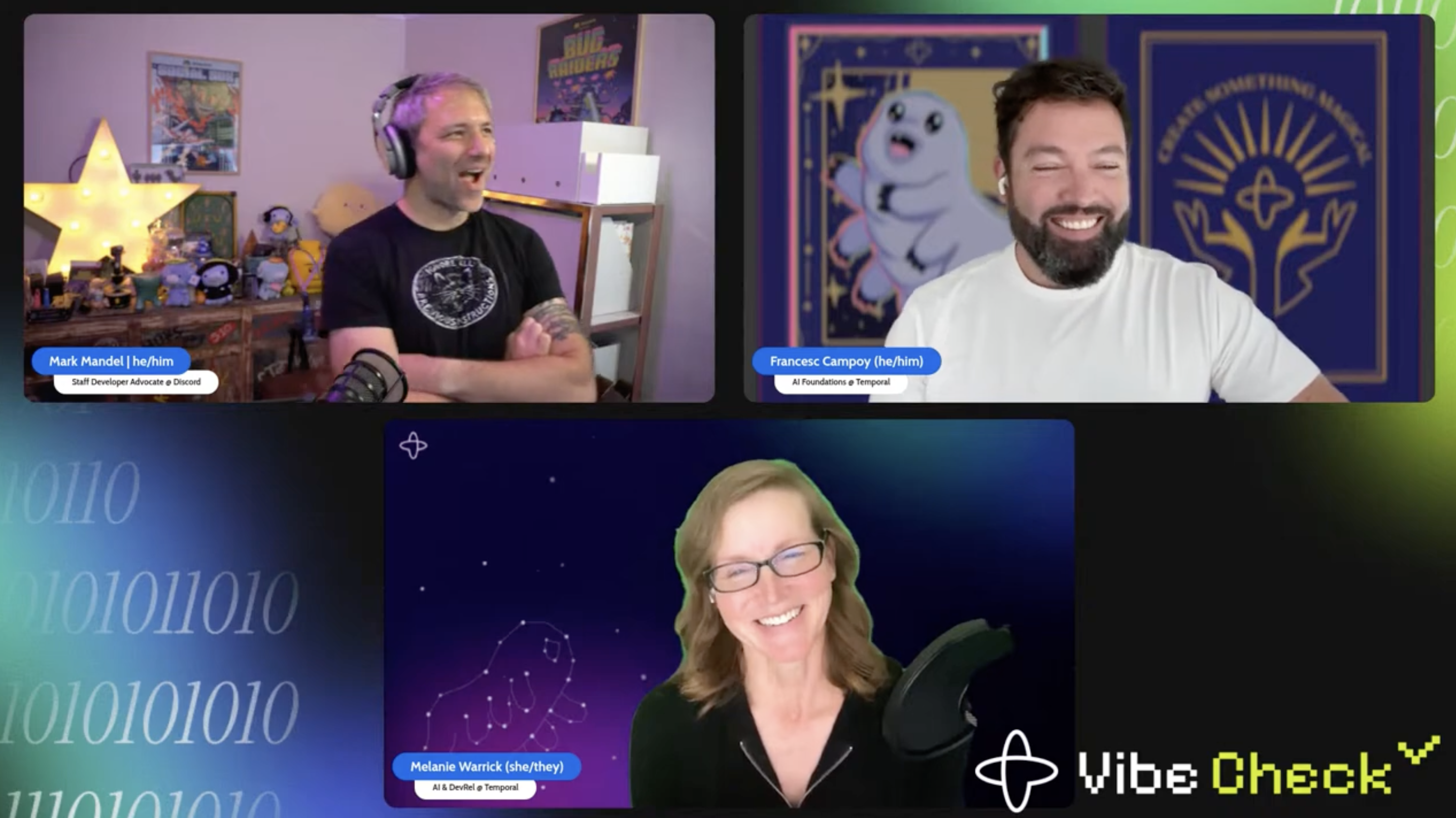 Figure 3: Melanie hosting an episode of Vibe Check with Mark Mandel, Staff Developer Advocate at Discord, and Francesc Campoy of Temporal’s AI Foundations team.