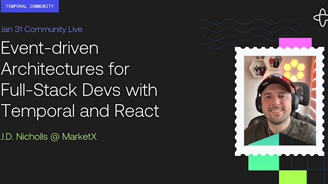 Event announcement slide with speaker photo showing J.D. Nicholls presenting on event-driven architectures for developers.
