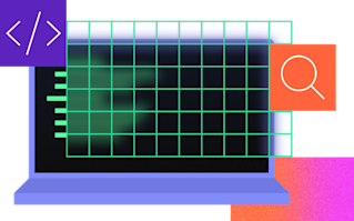 Stylized illustration of a purple laptop displaying a spreadsheet with coding symbols and a search icon overlay.
