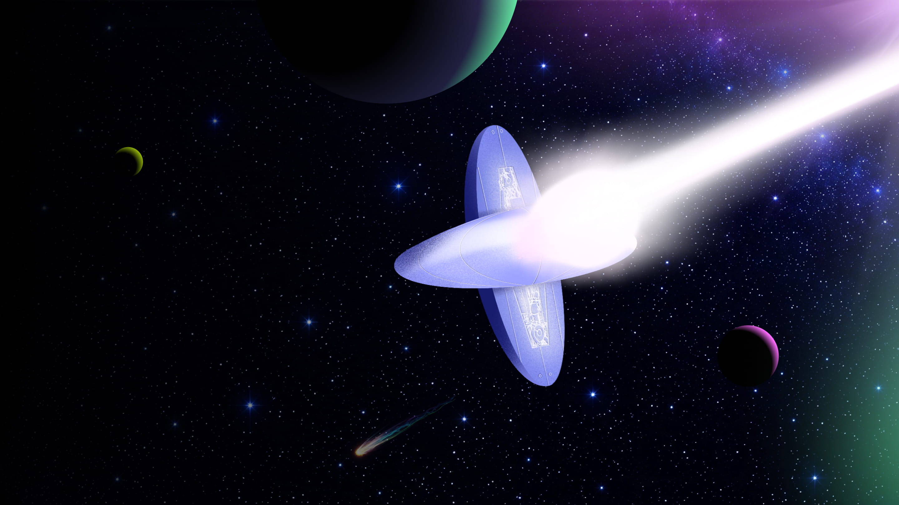 Graphic of an abstract spaceship flying