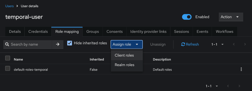 Role mapping sub tab under temporal-user