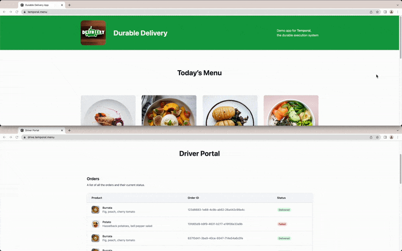 The order process, showing both the menu and driver sites