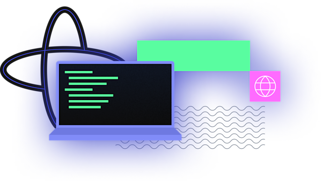 Blue laptop with green code on screen, abstract shapes, green rectangle, pink globe icon, and wavy lines on gradient.