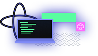 Blue laptop with green code on screen, abstract shapes, green rectangle, pink globe icon, and wavy lines on gradient.