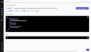 Workflow metadata page showing JSON code with indexed fields, binary checksums, and temporal change version information.