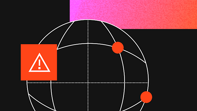 Warning triangle icon on orange square with globe showing orbital paths and orange dots on black background.