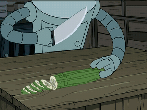 Bender slicing a cucumber with perfect precision, then carrying right on through his own arm