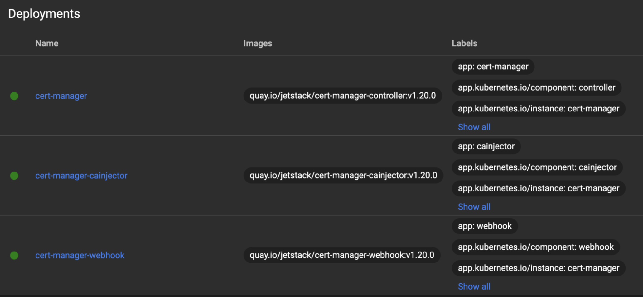 UI showing several deployments