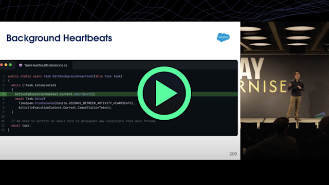 Video player showing code editor with green play button overlay, titled Background Heartbeats with Salesforce cloud logo