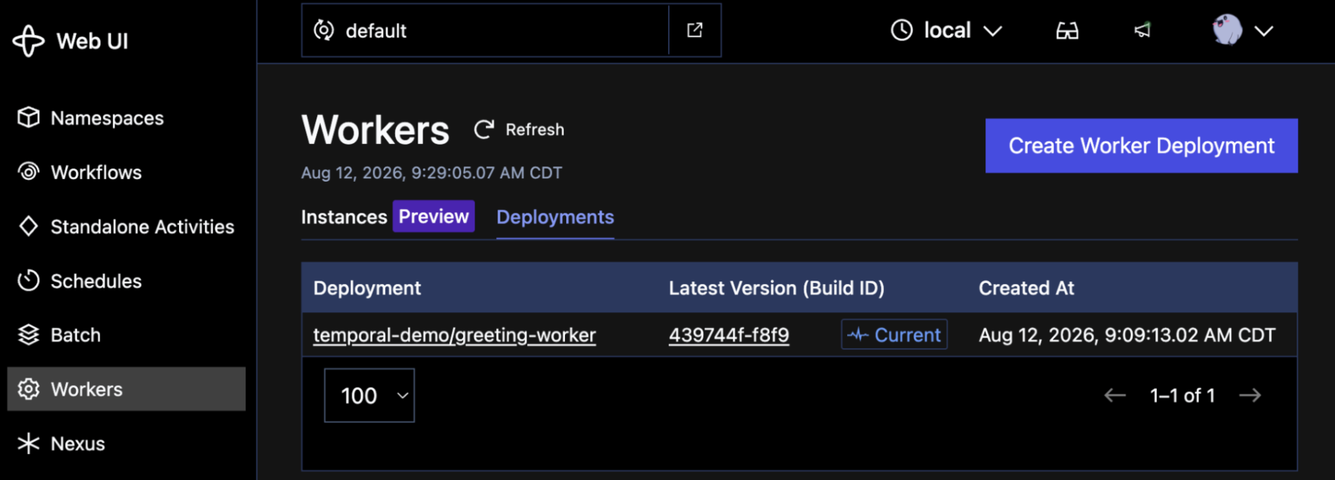 Visual of Worker deployment from the Temporal Web UI